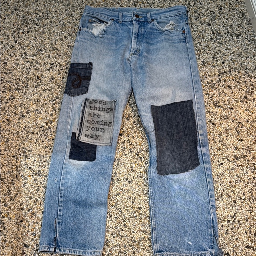 Distressed Patchwork Jeans - Blue - image 4